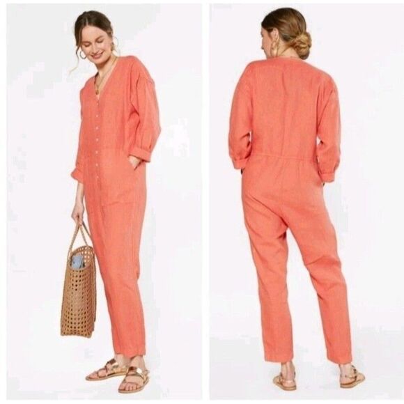 OUTERKNOWN Women's Linen Retrograde Jumpsuit in Coral Size XS Lightweight New - Picture 1 of 7